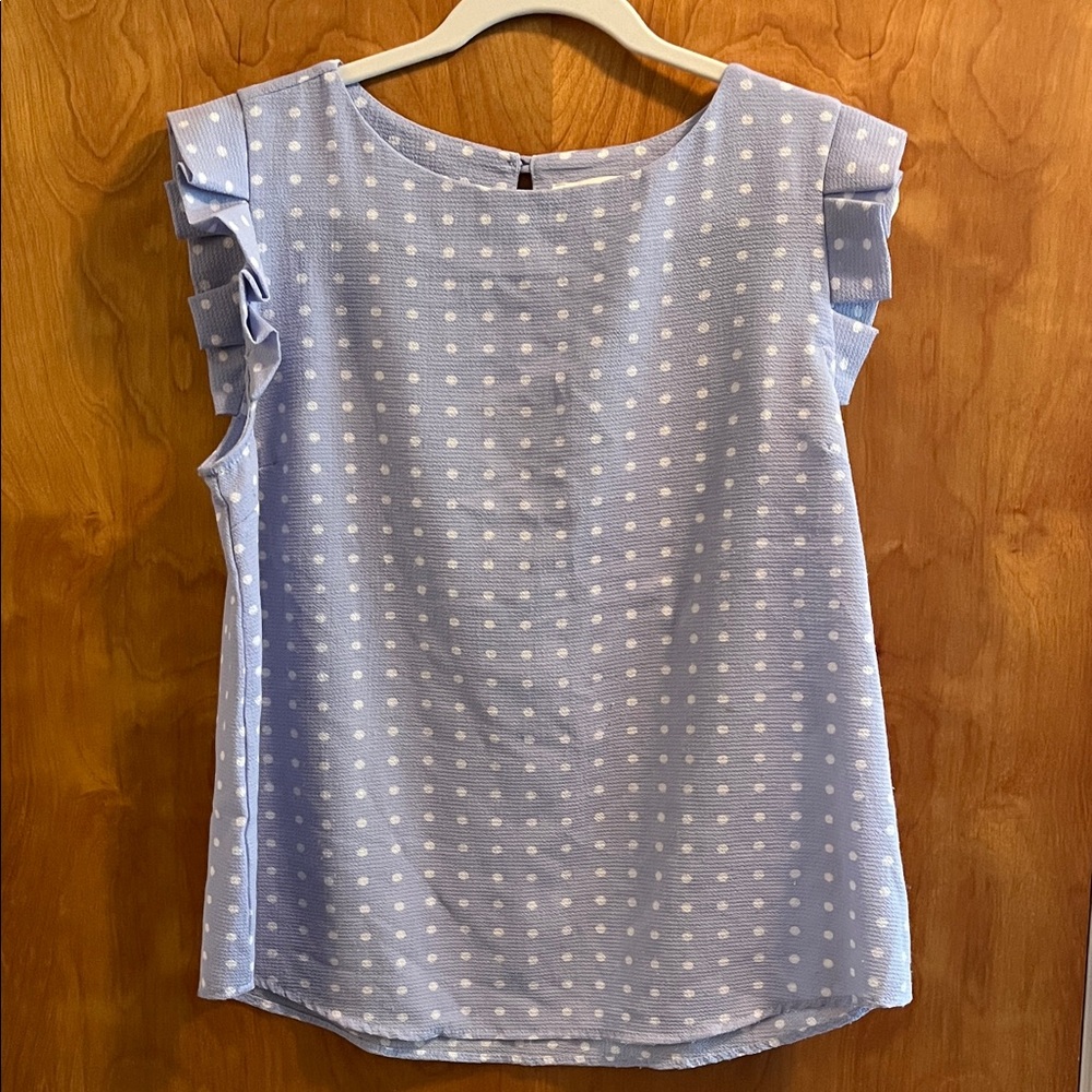 🌸🎉 5 for $20!! 🎉🌸 Elegant Light Blue Polka Dot Blouse with Ruffle Sleeves